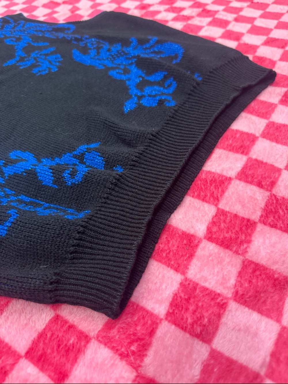 Black V-Neck Sweater Vest with Sparkly Blue Jacquard Detail - Picture 4 of 5
